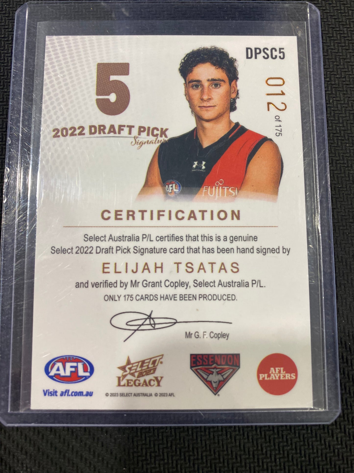2023 AFL Select Legacy - Elijah Tsatas - Draft Pick Signature Copper  12/175