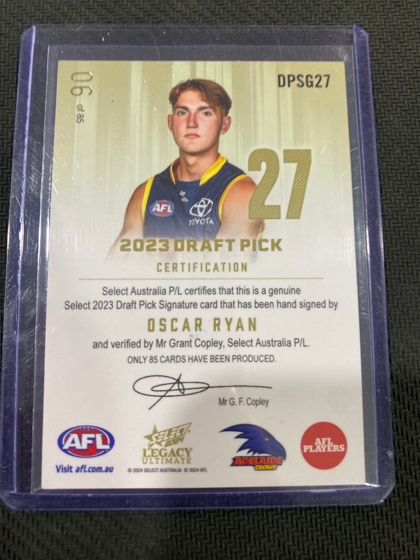 2024 AFL Select Legacy Ultimate - Oscar Ryan - Draft Pick Signature Gold 06/85