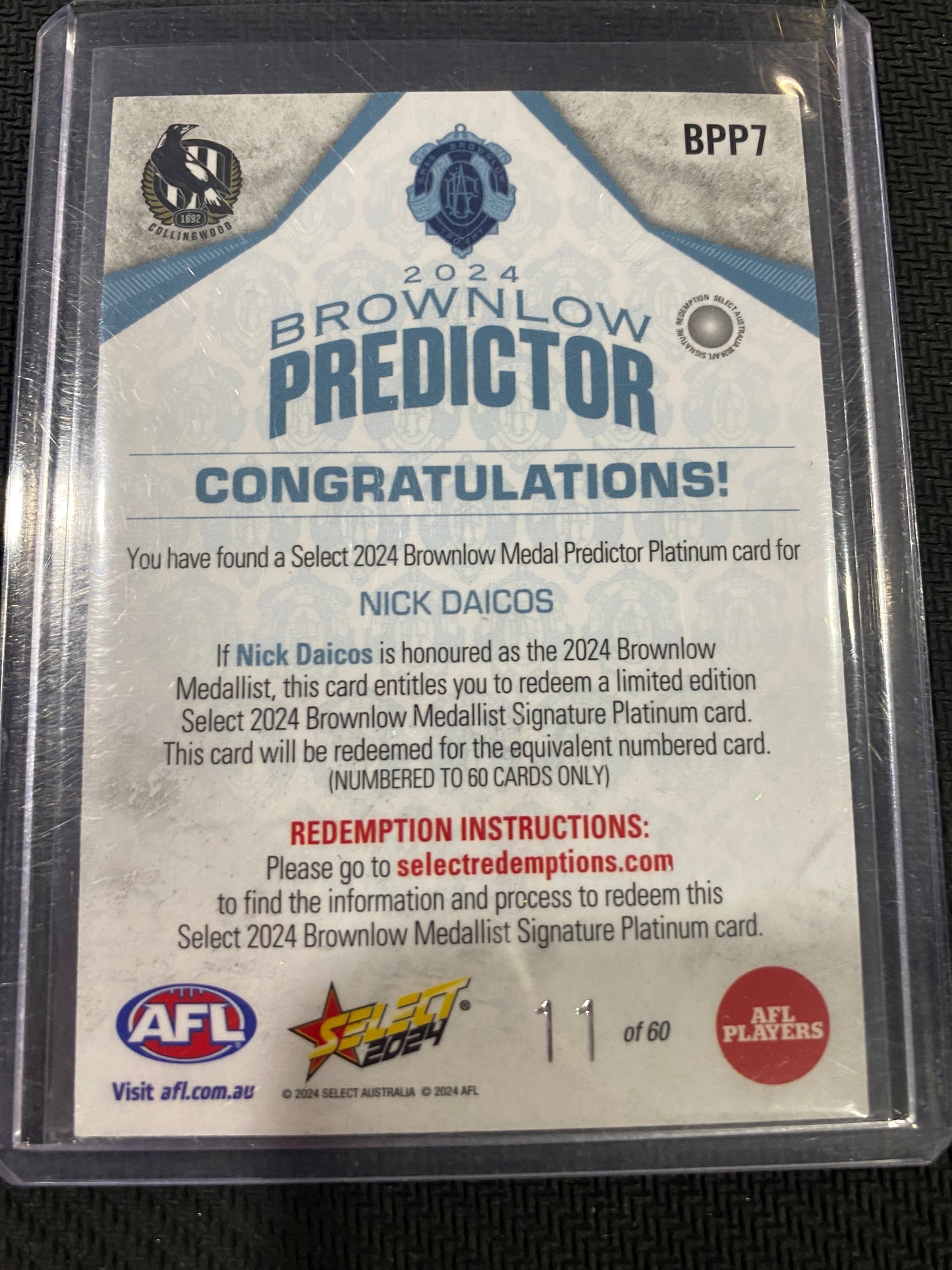 2024 AFL Select - Nick Daicos - Brownlow Predictor Platinum 11/60
