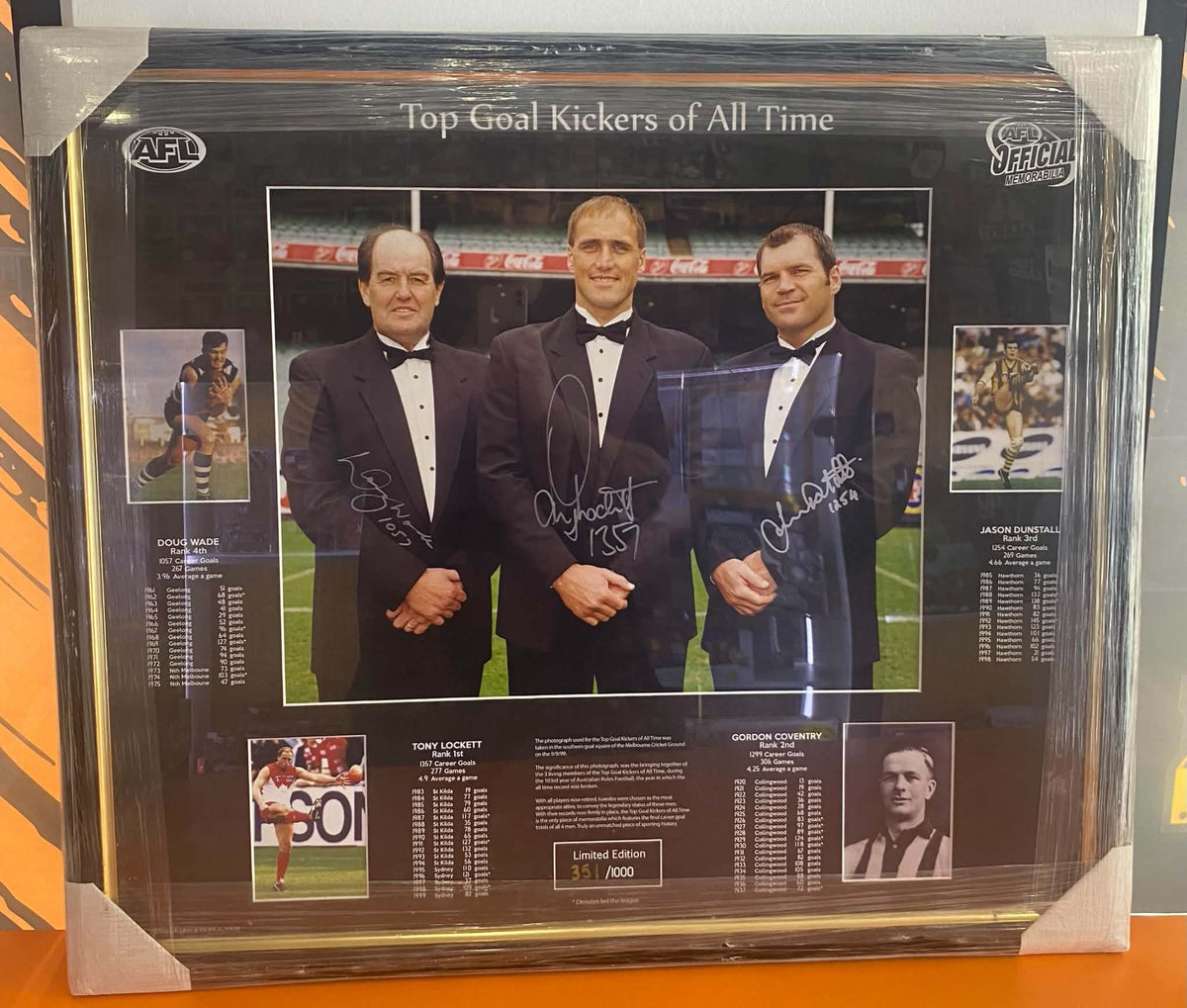 Signed Limited Edition Print #351/1000 . Top ALF Goal Kickers of all time Signed by Doug Wade,Tony Lockett ,GordonCoventry & Jason Dunstall